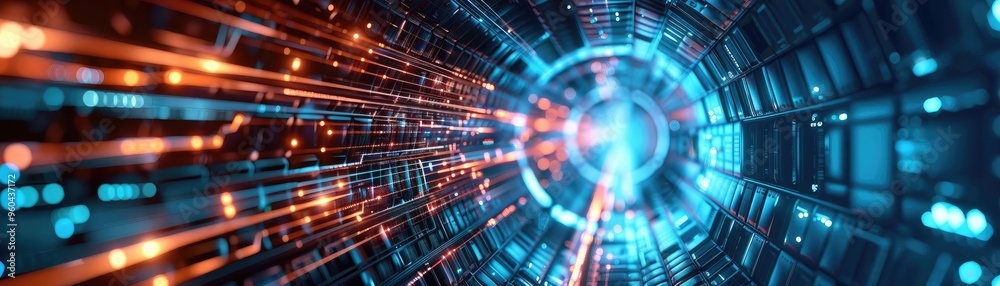 Poster vivid abstract illustration showcasing dynamic light trails in a high-tech environment, ideal for fu
