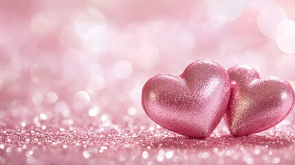 Obraz premium Red Heart shapes on abstract light glitter background in love , A glittering pink heart against a dreamy backdrop of soft focus hearts on light pink background 