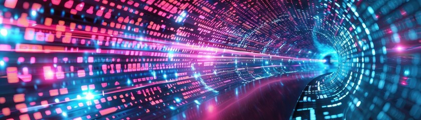 A vibrant digital tunnel with glowing lights, representing technology, speed, and futuristic design.