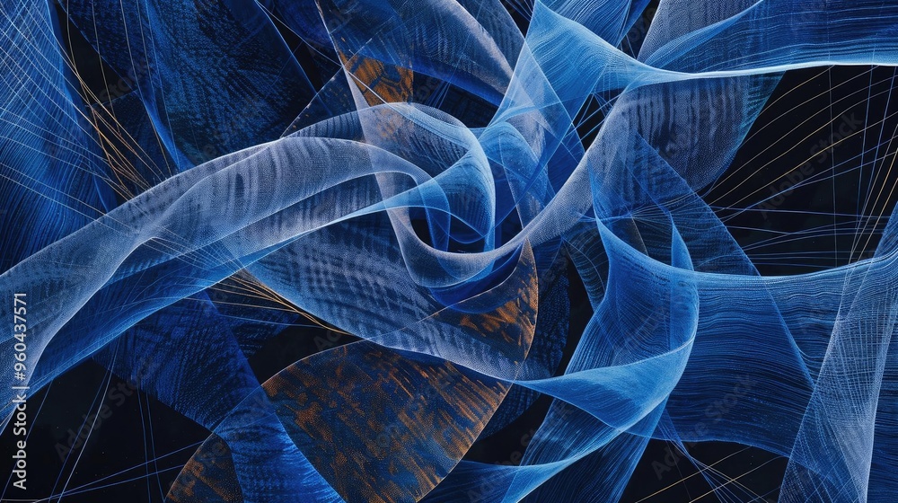 Poster Abstract blue wave art creating a sense of motion and depth with intricate lines against a dark background.