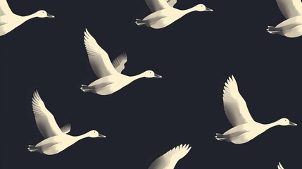 Fototapeta premium White Geese Flying in Formation Against a Dark Background