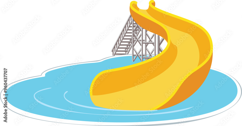 Sticker this illustration features a yellow water slide emerging from a swimming pool, perfect for projects 