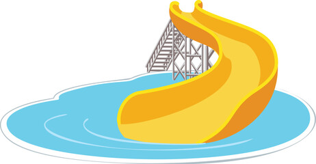 This illustration features a yellow water slide emerging from a swimming pool, perfect for projects related to summer fun, water parks, and vacations