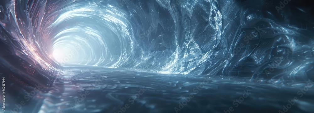 Poster a mesmerizing tunnel of light and water, evoking a sense of mystery and exploration in a surreal glo