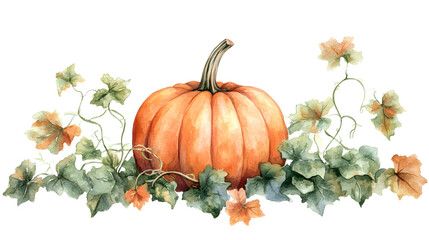 Watercolor Pumpkin with Vines and Leaves