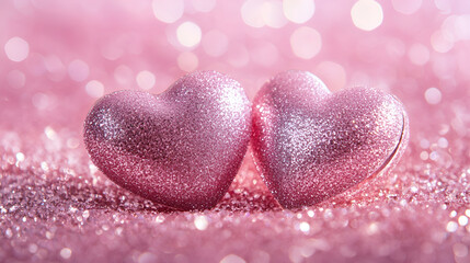Obraz premium Two sparkling glitter hearts against blurred pink background , Close up of pink glitter hearts on sparkling background , Two Hearts On Shiny Background 