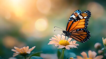 A monarch butterfly perches gracefully on a sunlit bloom.