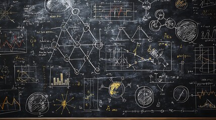 A chalkboard filled with diagrams, graphs, and intricate mathematical equations.