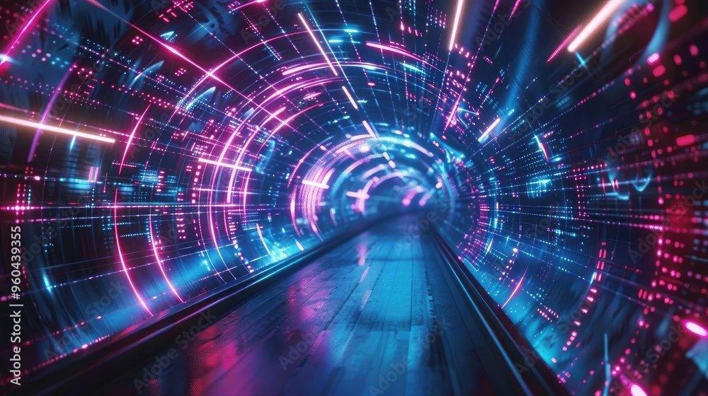 Poster a futuristic tunnel with vibrant neon lights, creating a sense of movement and depth, perfect for te
