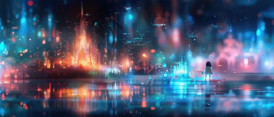 Fototapeta premium Enchanted Castle of Illumination: A magical fortress surrounded by glowing towers and mystical beings.