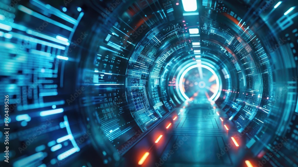 Poster Futuristic tunnel with glowing lights and digital elements, creating a mesmerizing sci-fi atmosphere.
