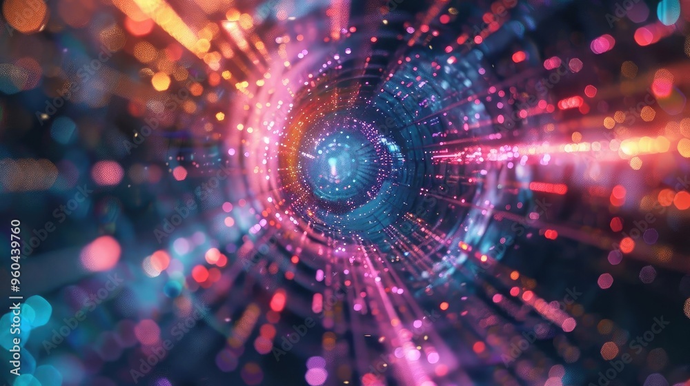 Poster Colorful abstract visualization showcasing dynamic light trails and circular patterns, perfect for technology and digital themes.