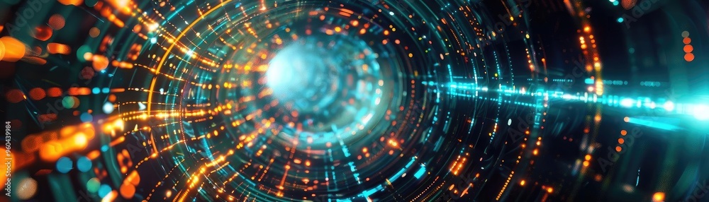 Poster dynamic abstract tunnel with glowing lights and vibrant colors, conveying a sense of motion and ener