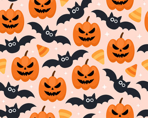 Halloween seamless pattern. Halloween pumpkins, jack-o-lanterns, bats and corn candies on a pink backgroung.  Funny cute design for wrapping paper.