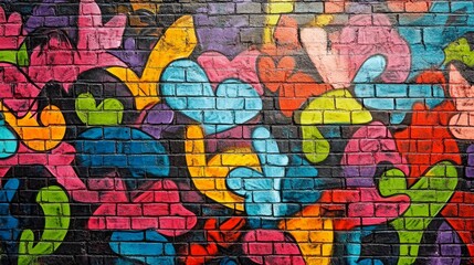 Fototapeta premium Vibrant graffiti decorates urban brick wall with colorful patterns and intricate detail