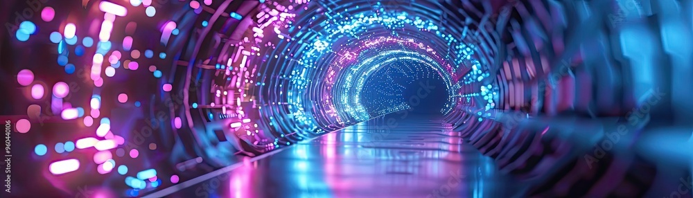 Poster A vibrant tunnel illuminated with colorful lights, creating a mesmerizing and futuristic atmosphere perfect for digital art.