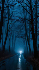 Obraz premium Car driving down a gloomy forest road at night with headlights glowing through the dark, misty atmosphere.