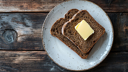 Two slices of fresh rye bread with butter are lying on a plate on a wooden table