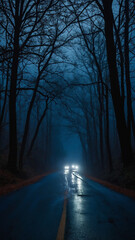 Obraz premium Car driving down a gloomy forest road at night with headlights glowing through the dark, misty atmosphere.