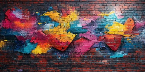 Fototapeta premium Vibrant and dynamic graffiti on a brick wall in an urban setting showcasing striking colors