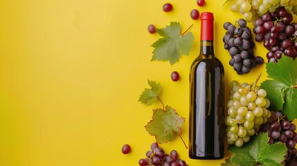 Fototapeta premium Fresh grape, grape wine bottle over texture background