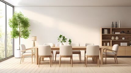 Modern dining room with natural light, minimalist decor, and wooden furniture.