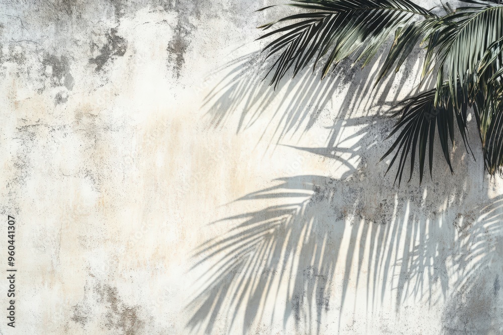 Wall mural a palm tree leaf casts a shadow on a wall, generative ai image