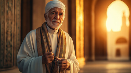 an elderly muslim man holding rosary, standing in masjid, concept of ramadan and eid, Islamic concept