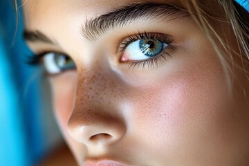 Fototapeta premium Girlâ€™s face, candid moment, unposed beauty shows her natural self in a spontaneous moment