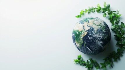Celebrating Earth Day with a globe surrounded by green leaves on a clean white background