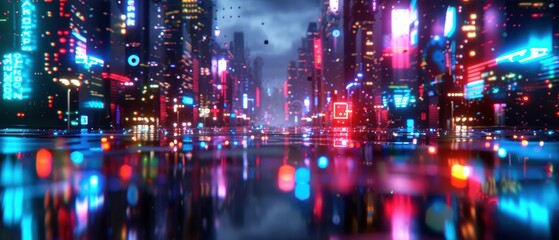 Obraz premium Futuristic Cyberpunk Cityscape at Night with Holographic Ads and Neon Lights - Digital Art ing in