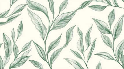 Hand-drawn green plant and leaf pattern in minimalist vintage botanical style for interior decor
