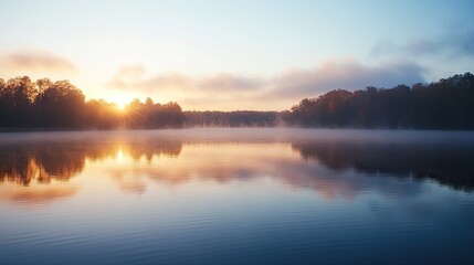 Fototapeta premium A serene sunrise over a calm lake with fog gently rising from the water's surface.