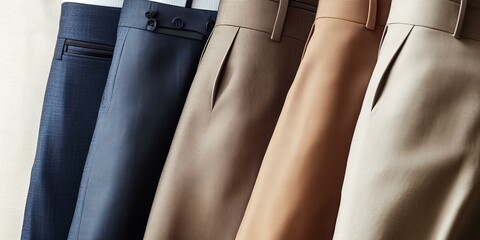 Four pairs of pants hanging in a row.