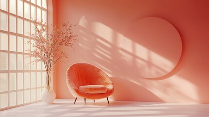 A minimalist interior with a coral armchair, flower branch, and gentle window light.
