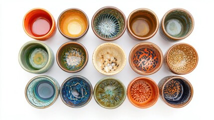 Hand-painted ceramic cups set with intricate designs from a bird's eye view