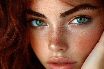 Fototapeta premium Girlâ€™s face, freckles, natural beauty adds a touch of charm and individuality