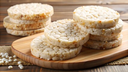 white rice crackers in a pile on a wooden tray on the table