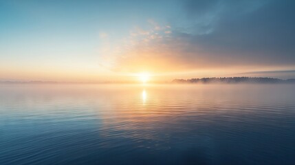Naklejka premium A serene sunrise over a calm lake with fog gently rising from the water's surface.
