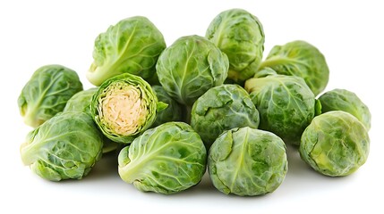 Fototapeta premium Fresh green Brussels sprouts stand out against a clean white background.