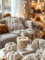 Modern living room with soft lighting and Scandinavian design. Pumpkin latte in a glass in a cozy bright living room. autumn comfort at home