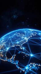 A stunning digital representation of Earth, showcasing global connectivity through bright network lines and vibrant illumination.