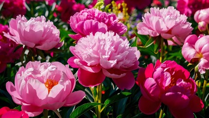 Blooming Pink Peonies in garden 