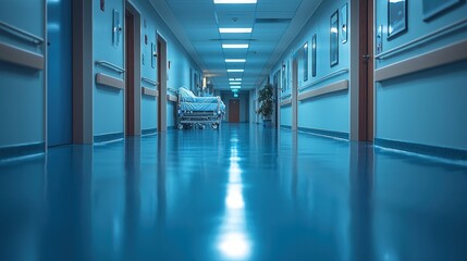 Obraz premium Medical Emergency in Intensive Care Unit Corridor with Blurred Background of Critical Care Equipment