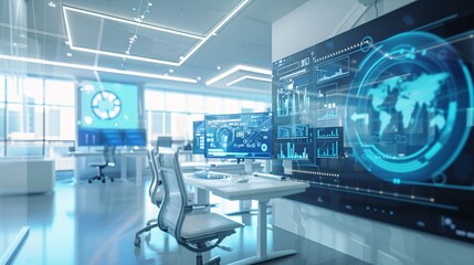 Modern Office Interior with Futuristic Technology and Global Data Visualization
