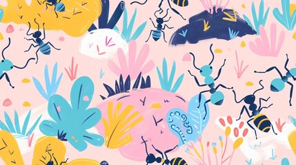 Colorful ant pattern. A vibrant and colorful illustration of a pattern featuring ants and various floral elements, showcasing a cheerful and playful aesthetic.