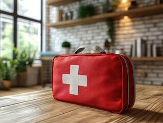 A red first aid kit sits prominently on a wooden table surrounded by green plants