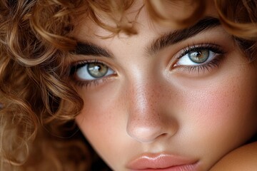 Fototapeta premium Girlâ€™s face, soft curls, framing her face adds a touch of softness and femininity
