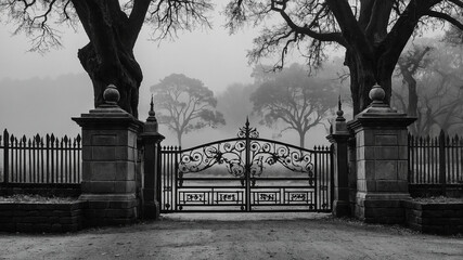 Foggy old metal gate surrounded by leafless trees in mysterious and eerie atmosphere, black and white.