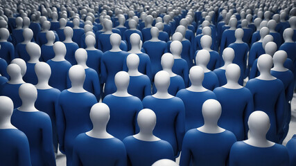 Fototapeta premium Numerous identical faceless blue and white mannequin figures arranged in a vast crowd formation.